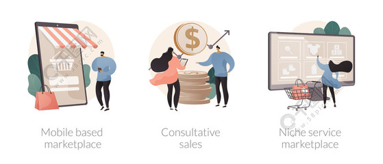 電子商務(wù)應(yīng)用程序抽象概念矢量插圖集。基于移動的市場、咨詢銷售、利基服務(wù)在線零售、使用智能手機(jī)抽象隱喻買賣產(chǎn)品。電子商務(wù)應(yīng)用程序抽象概念矢量插圖。